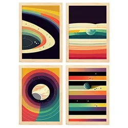 POSTER Set mit 4 Kreisförmig Abstrakt Moderne Galaxien A3 Rahmen aus hellem Holz