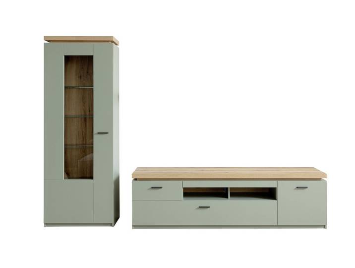 freiraum Wohnwand MONIZ, (2-teilig) Salbei / Eiche, Lowboard 195x57x44cm, Vitrine 70x197x38cm