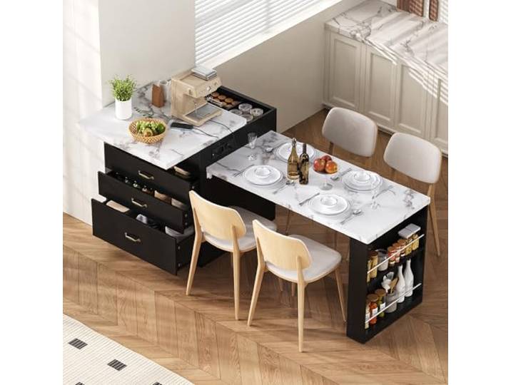 Merax Kücheninsel Freistehend mit Ausziehbare Arbeitsplatte & LED, Küchenwagen mit Steckdosen & Rollen & & Schubladen, Marmoroptik, Küche & Esszimmer, 71x75(121) x93cm, Schwarz