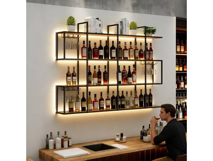 FKKPRVAX 180CM Große Wand-Weinflaschenhalter, 4-stöckiges Metallregal Wandmontage Wine Display Ständer, Industrial Style für Bar Esszimmer Deko (Schwarz, 70.8IN)