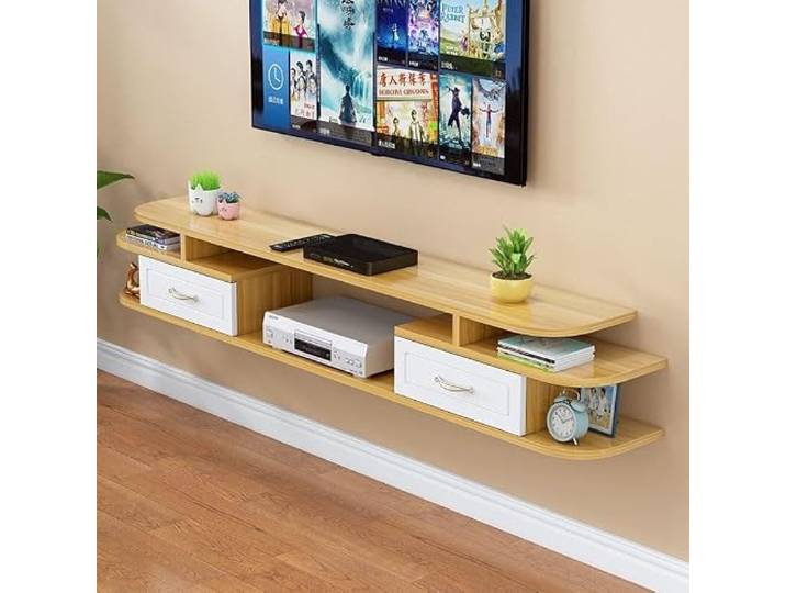 lowboard Schwimmender TV-Ständer, wandmontiertes Entertainment-Center, groß Stauraum mit verschiebbaren offenen Regalen auf der Tischplatte