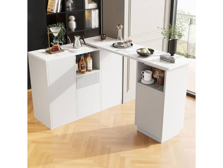 SENVIRO table de bar rotatif ilot de rangement plateau marbre 210x30x100cm blanc