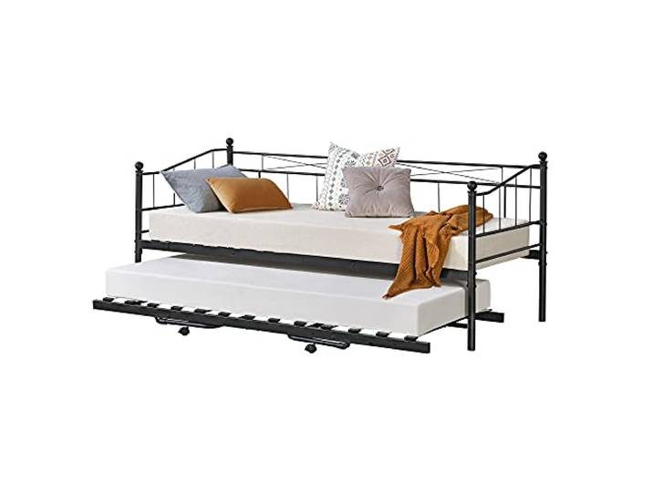 [en.casa] Metall Tagesbett Skutskär 90x200cm Bettsofa mit ausziehbarer Liege Schlafsofa Kojenbett Schwarz