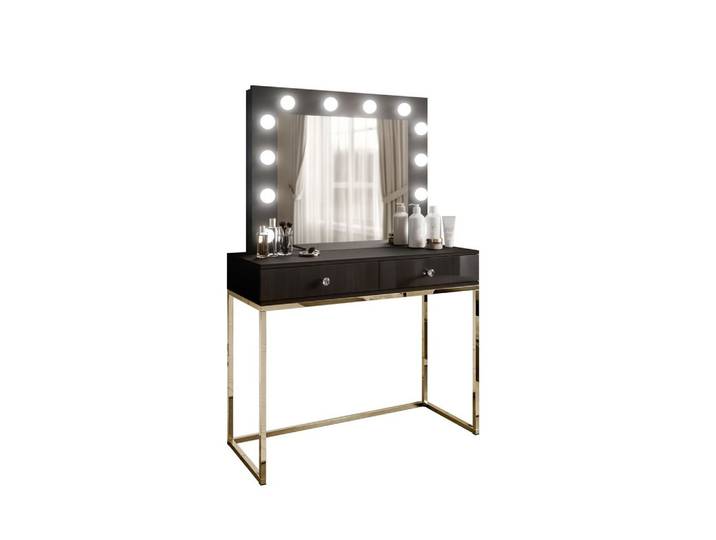 SCHMINKTISCH BLANCO mit Spiegel und Beleuchtung Gold Chrom Schwarz Hochglanz Kristallgriff