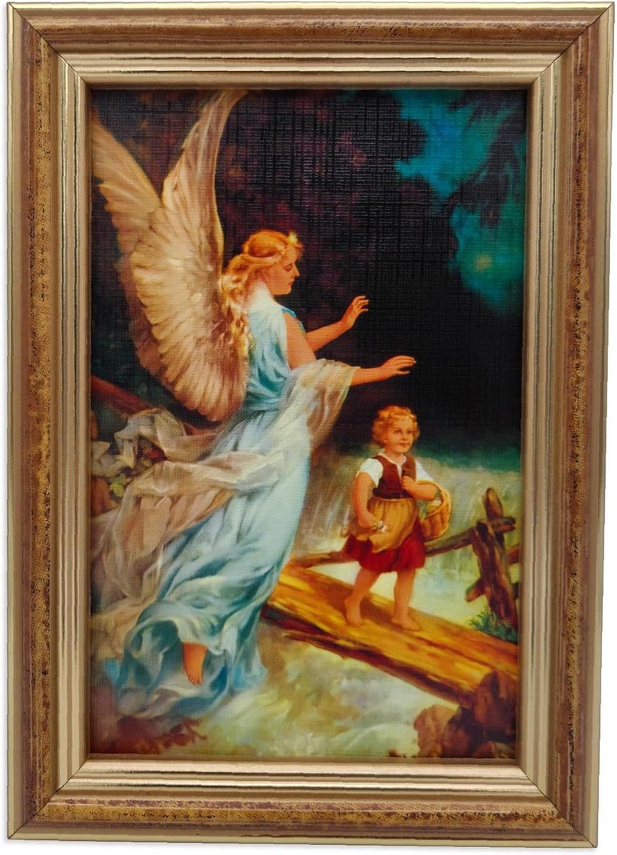 Beschermengel Afbeelding - Engel Beeld - Religieuze Decoratie - Katholiek Gezegend - 12 x 17 cm - Goud/Meerkleurig