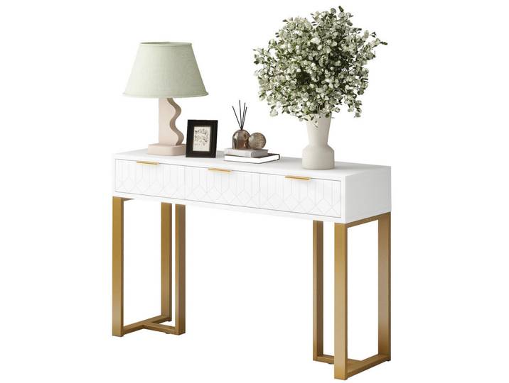 Flieks Beistelltisch Weiß Schublade Gold Gestell Verstellbare Füße Goldene Griffe, Holz, 44.45x16.51x132.08 cm, Wohnzimmer, Wohnzimmertische, Konsolentische