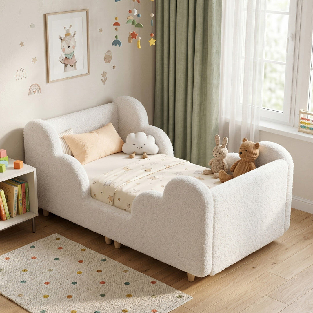 17 Stories Toddler Cloud‑Shaped Upholstered Bed Frame, Child‑Safe Rounded Edges, Easy Assembly, Kids Bedroom Furniture White