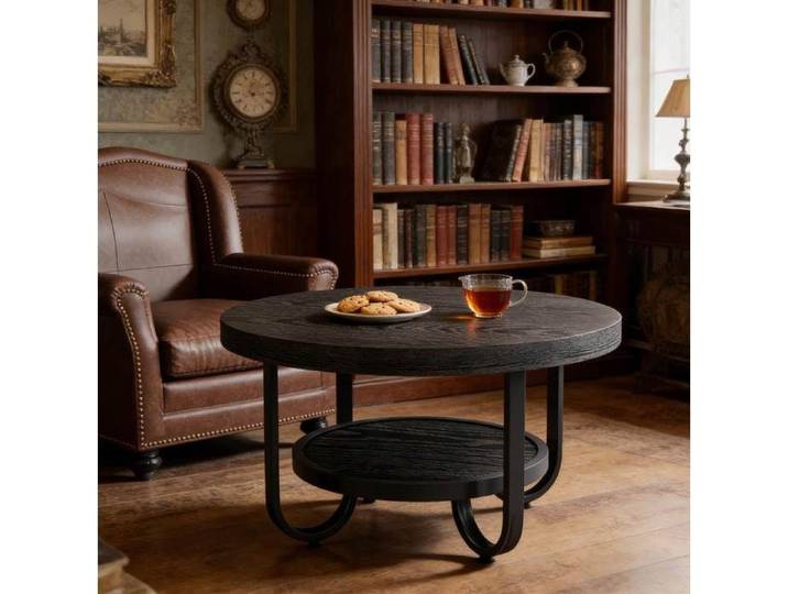 Table basse ronde – Table basse – MDF et métal – Noir – Double niveau – Style industriel