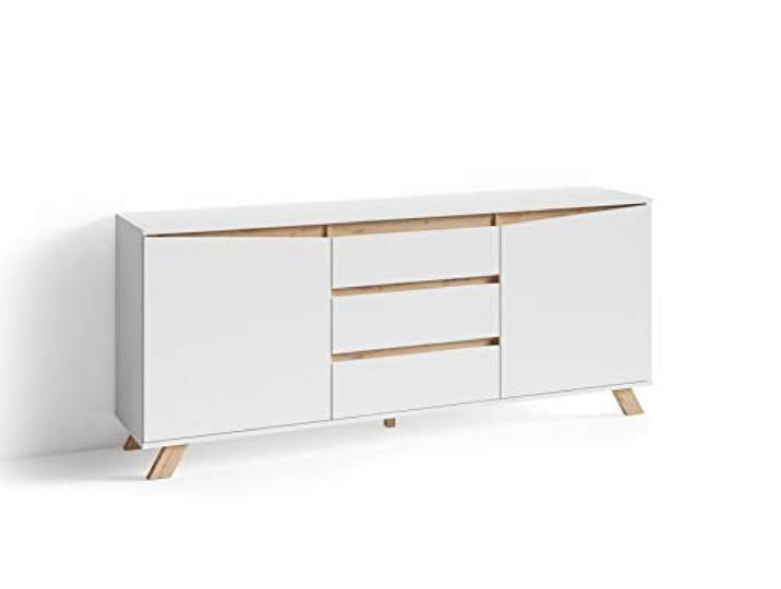 byLIVING Sideboard Valentin, Schrank mit 2 Türen und 3 Schubkästen Kommode matt weiß mit Absetzung in Eiche-Optik, Im Scandi-Style, Grifflos, B 180, H 80, T 38 cm