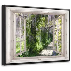 LEINWAND Bilder mit Rahmen - Blauer Regen - Blumen - Aussicht - Baum - Frühling - 40x30
