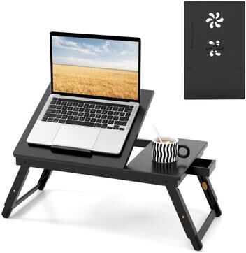 Costway Adjustable Bamboo Laptop Desk with Tilting Top and Drawer-Brown
