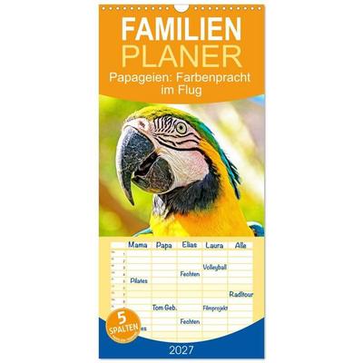 Familienplaner 2027 - Papageien: Farbenpracht im Flug mit 5 Spalten (Wandkalender, 21 x 45 cm) CALVENDO