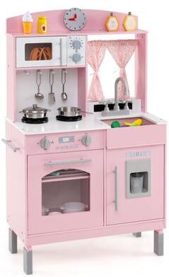 Costway Play Kitchen for Kids Wooden Chef Pretend Playset with 3 Adjustable Heights Microwave-Pink