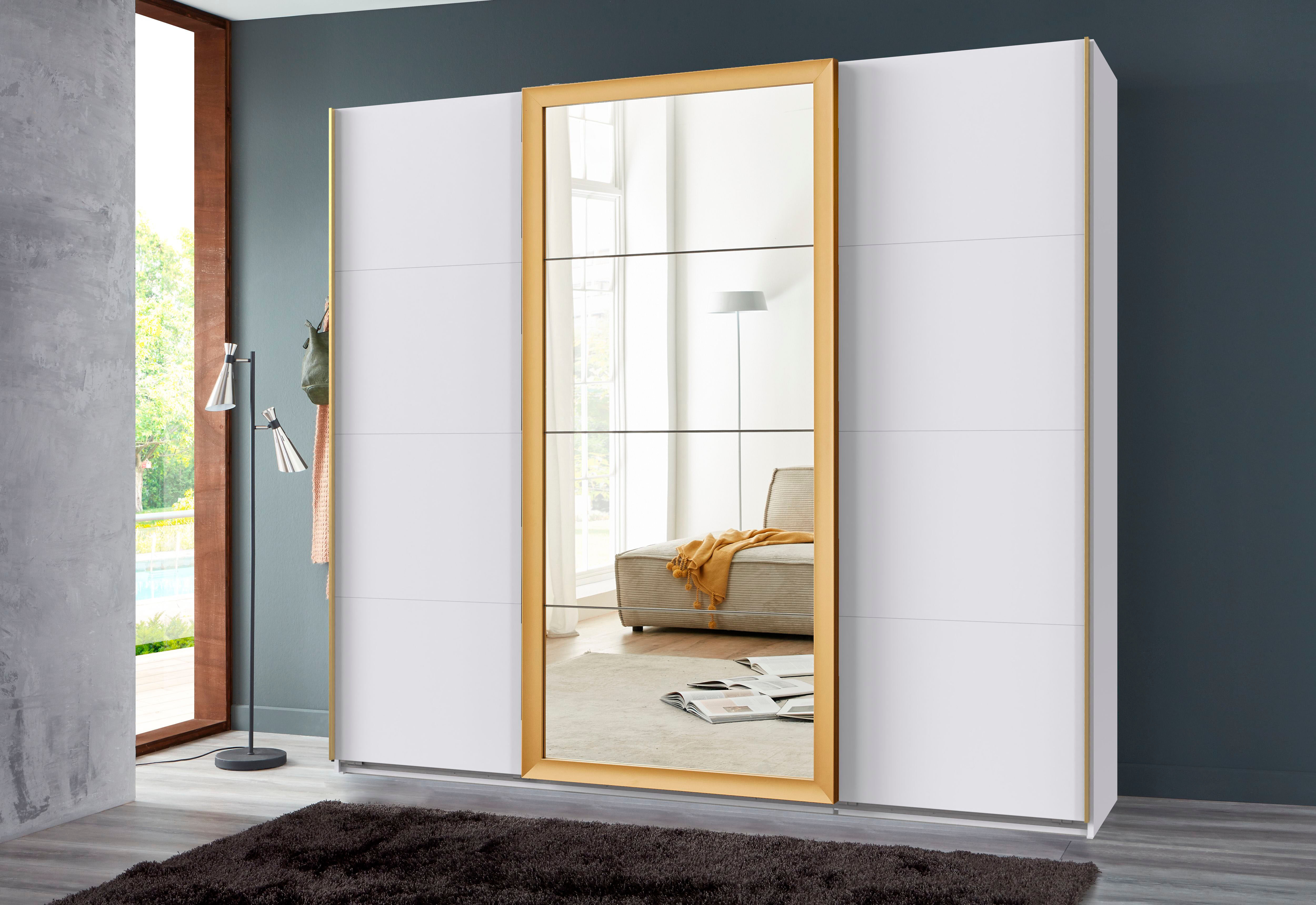 Schwebetürenschrank WIMEX "Katar, Kleiderschrank erhältlich in den Breiten 225cm und 270cm", weiss (weiß, absetzung gold matt), B:225cm H:208cm T:65cm, Holzwerkstoff, Schränke, Schwebetürenschrank, inkl. Spiegel, Akzente in Gold weiß, absetzung gold matt 