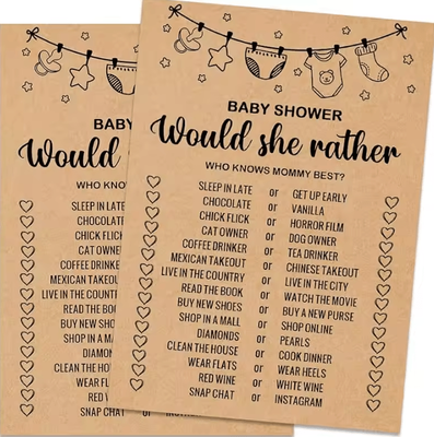 Inspire Curations Baby Shower Word Search Game Cards Party Activity Pack would She Rather 1pack