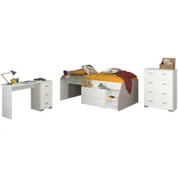 KINDERZIMMER weiß, grau, Komplett-Set mit Stauraumbett, Kommode, Schreibtisch