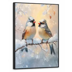 LEINWAND Bilder mit Rahmen - Vögel - Zweig - Winter - Schnee - 60x80