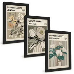 BILDER SET 3er Set - 20x30 cm Schwarzer Rahmen - Blumenmessen London Chicago Hongkong