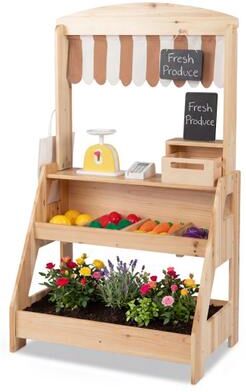 Costway 2-in-1 Wooden Mud Kitchen and Market Stand for Kids Outdoor with Planter Box and 2 Chalkboards-Natrual