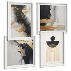 BILDER SET 4er Set - 50x50 cm & 40x60 cm Weißer Rahmen - Abstrakte Geometrie-Komposition
