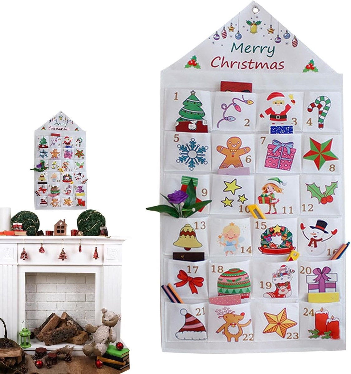 Merkloze Stoffen Adventskalender met 24 Compartimenten voor Volwassenen - Wandmontage - Kerstkleuren