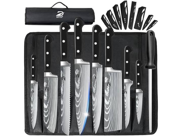 Dfito Messerset mit Rolltasche, 8-teiliges professionelles Küchenmesser Set High Carbon Edelstahl Küchenchef Küchenmesser Set, Extrem Scharf Profi Kochmesser Set mit Tasche