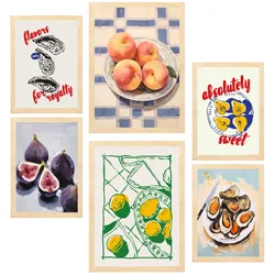 POSTER Set Mit 6 Von Lebensmitteln & Mediterraner Küche A3 & A4 Rahmen Aus Hellem Holz