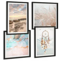 BILDER SET 4er Set - 50x50 cm & 40x60 cm Schwarzer Rahmen - Wolkenmeer, Traumfänger, Gras