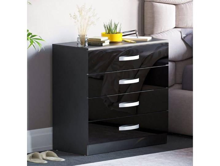 Commode Hulio noire haute brillance avec 4 tiroirs – Meuble de chambre moderne