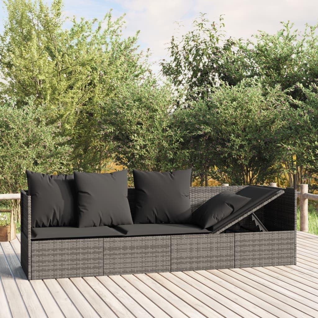 Outdoor-Loungebett aus grauem Poly-Rattan mit stabilem Stahlrahmen und Kissen