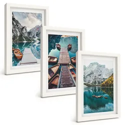 BILDER SET 3er Set - 20x30 cm Weißer Rahmen - See, Brücken, Berge