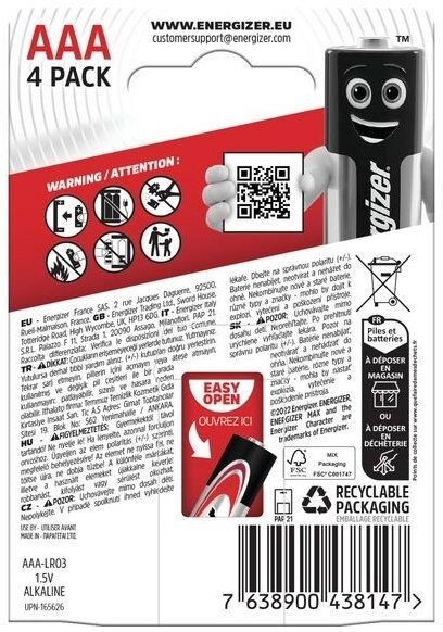 Energizer Max Alkaline Aaa Batteri, 4 Stk.