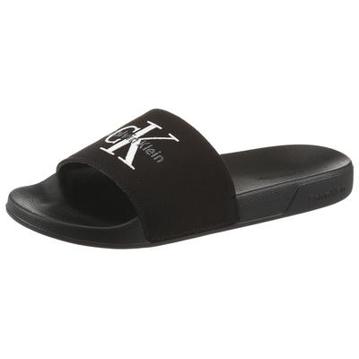 Pantolette CALVIN KLEIN "ESS SLIDE CV WN", Damen, Gr. 37, Textil, schwarz, Baumwolle, Textil, Basic, Schuhe Pantolette, Sommerschuh, Poolslides, Pantolette, Strandschuh mit Logoschriftzug