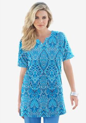 Plus Size Women's Plus Size Soft Knit Print Tunic with Notch Neckline by Roaman's in Ocean Bold Ikat (Size 3X) Short Sleeve T-Shirt