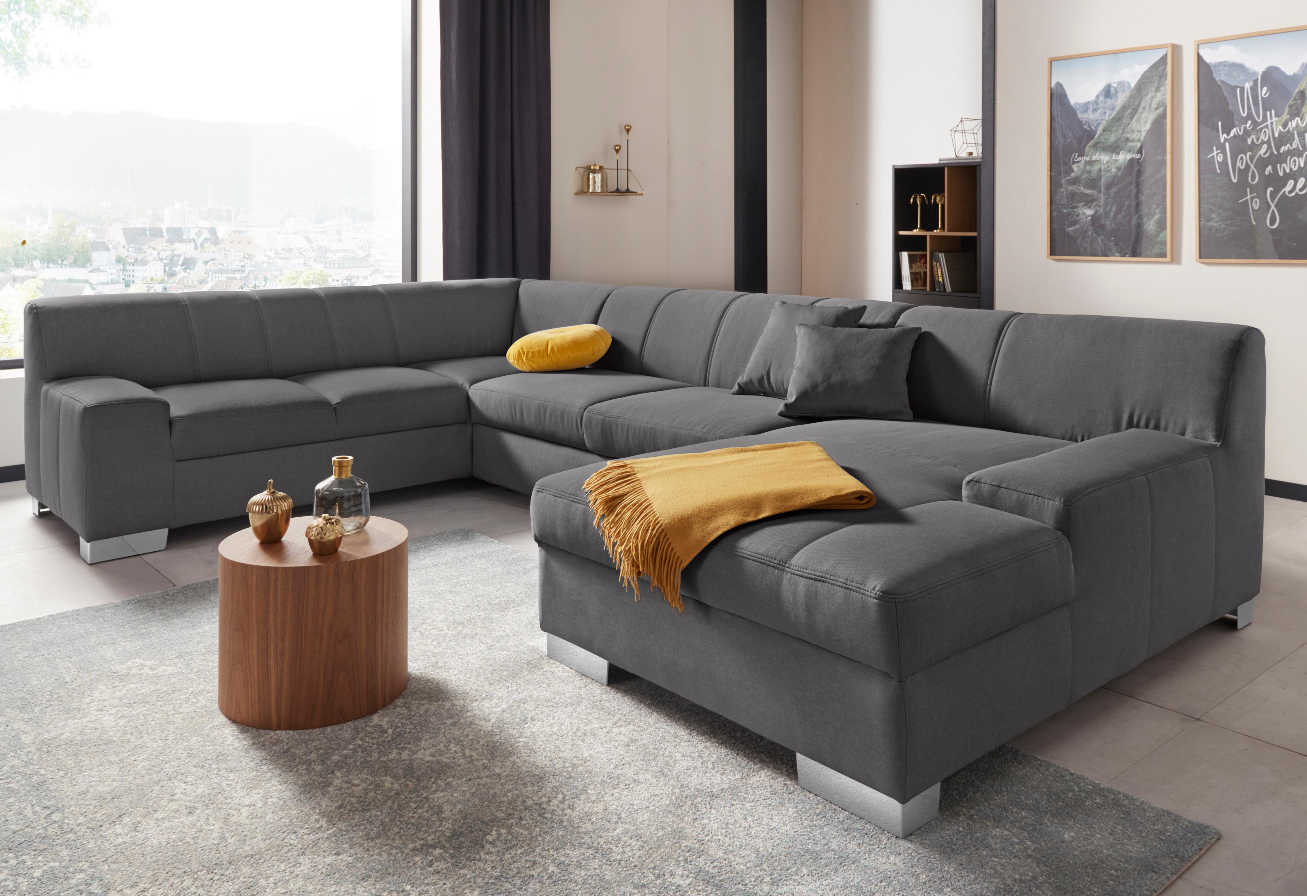 Wohnlandschaft DOMO COLLECTION "Bero, elegant und zeitlos, flache Armlehnen, Breite 328cm, U-Form", schwarz (pepper), B:328cm H:74cm T:212cm, Feinstruktur (100% Polyester);Luxus-Microfaser (100% Polyester);Zierkissen: Im jeweiligen Bezugsstoff;Struktur fe