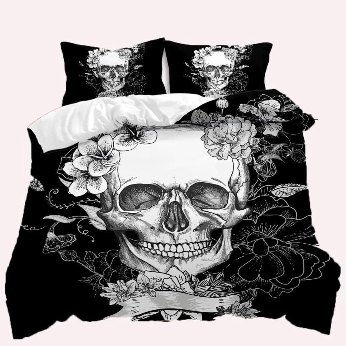 Dekbedovertrek Set Schedel met 3D Bloemen Print - Roze - 200 x 200 cm