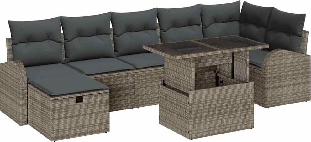 Modulares Garten-Sofa-Set, Grau, Poly-Rattan, wetterfest, UV-beständig, mit Stauraum, höhenverstellbarer Gartentisch, 7 Sitzplätze