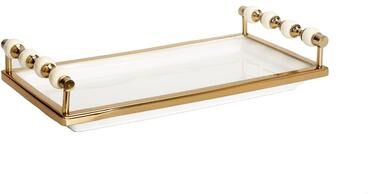 Classic Touch White Rectangular Tray with White and Gold beaded Handles