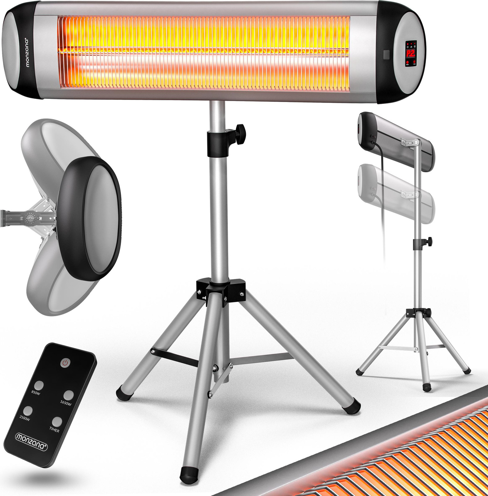 MONZANA Infrarood verwarmingsstraaler 2500W met telescoopstandaard, zilverkleurig