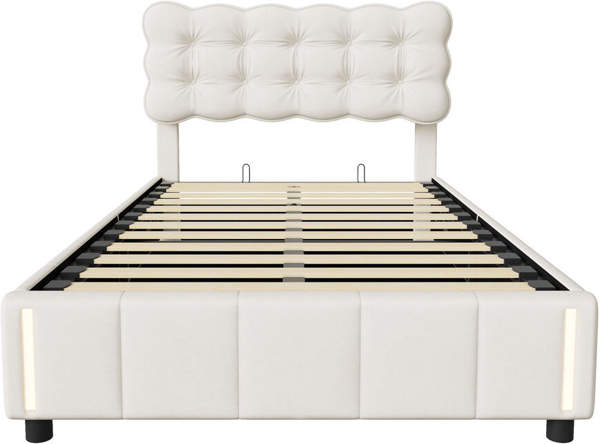 Canora Grey EU Double & King Size Velvet Ottoman Bed With Motion Sensor LED Lights, Upholstered Cloud Tufted Frame, Beige Beige Small Double (4')