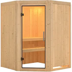 Karibu Sauna Larin mit Eckeinstieg 68 mm - Ohne Ofen-Ohne Dachkranz-Klarglas Ganzglastür inkl. gratis Zubehörpaket im Wert von 126,96€