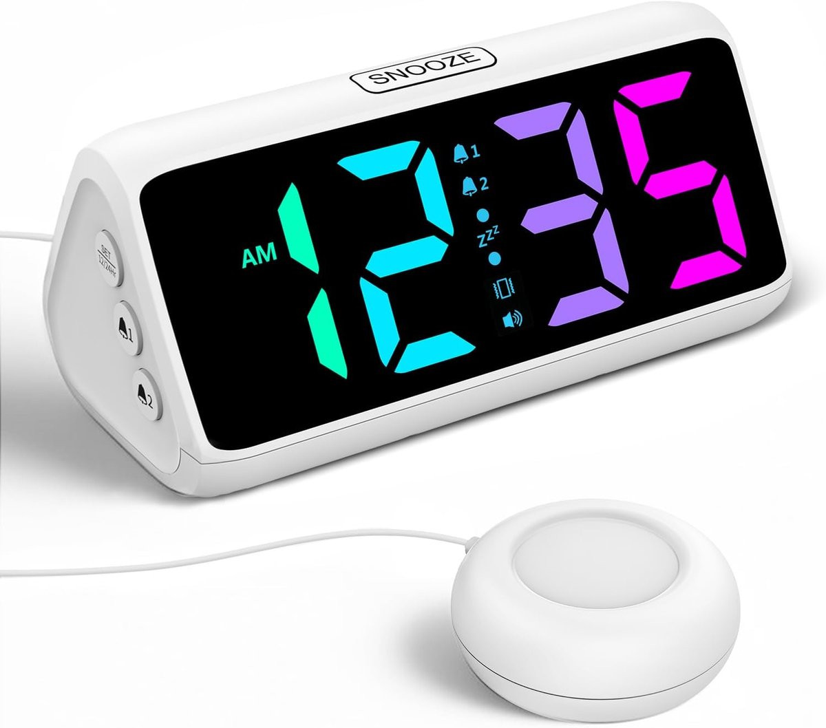 Wekker met trilling en dubbel alarm, RGB-display met 5 helderheidsniveaus en 4 volumes, inclusief snoozefunctie