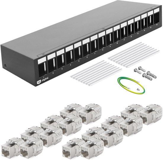 Patchpaneel 16 Poorts CAT7 RJ45 Keystone Modulair Afgeschermd 1U Netwerkverdeler