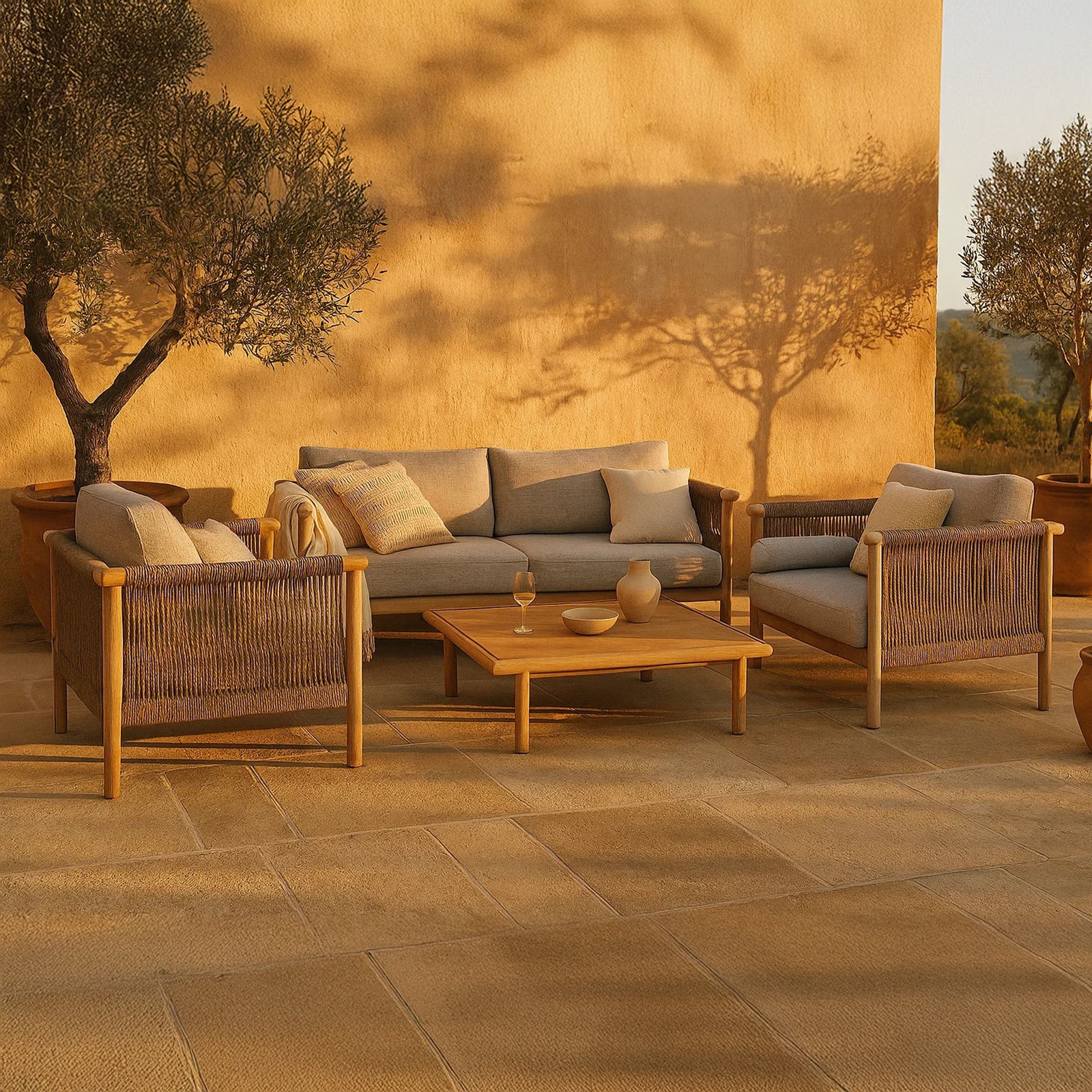 Dutchbone Loungeset Oasis van Acaciahout en Touw met Tuinbank, 2 Loungestoelen en Loungetafel - Naturel