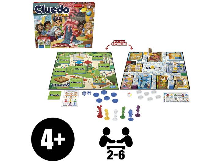 Cluedo Junior, plateau de jeu réversible, 2 jeux en 1, jeu d'enquête Cluedo pour jeunes enfants, jeux de plateau pour enfants, jeux junior
