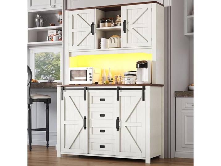 Buffet Haut Cuisine - 4 portes - éclairage LED - pour cuisine et salon - 115 × 40 × 175 cm - blanc