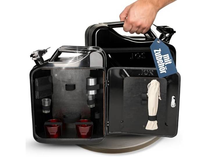 Mobile Minibar Set 2 - abschließbare Bar im Benzinkanister mit Zubehör hochwertig, robust, praktisch, vielseitig, Alltag, Geschenkidee, langlebig, handlich, täglich