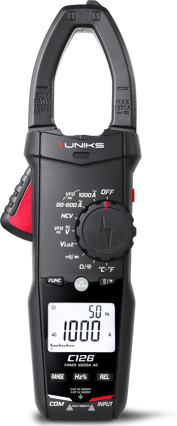 Uniks C126 Pinza Amperometrica Professionale Trms 1000a Ac 1000v Ac/dc Con Cercafase Torcia E Display