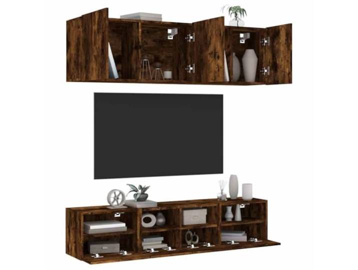 HEFZGDB 5-TLG. Wohnwand Räuchereiche Holzwerkstoff TV-Schrank Set mit Wandmontage und Stauraum Lösung
