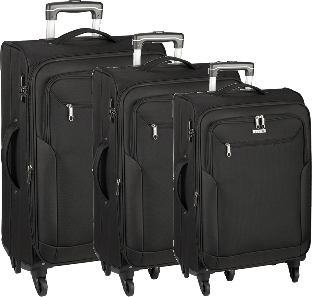 Koffer 3er Set Leicht Reise Trolley 4 Rollen mit Dehnfalte Schwarz Bowatex